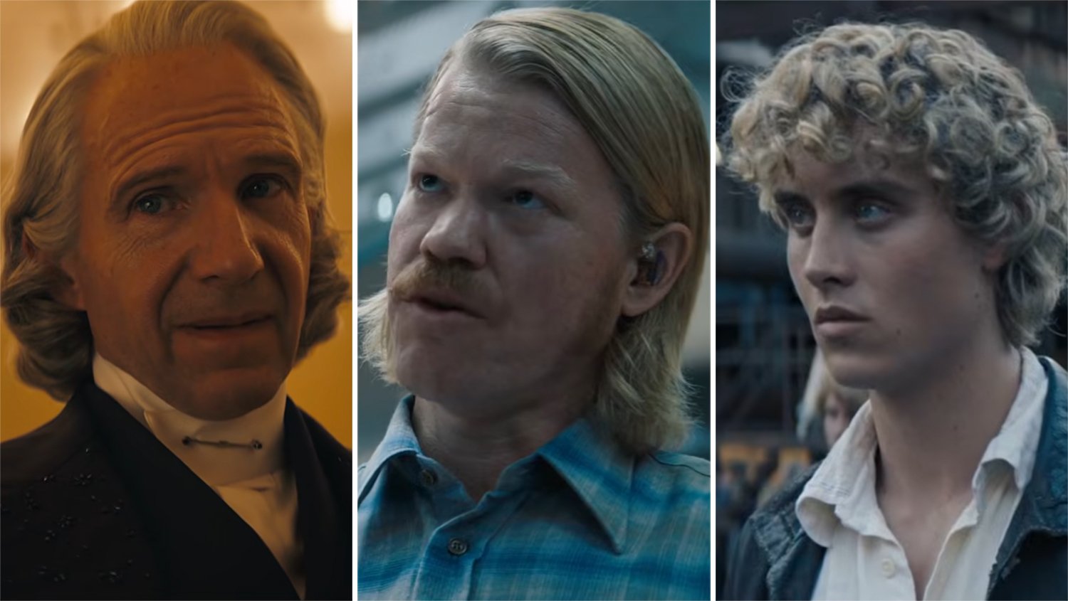 Ralph Fiennes, Jesse Plemons, and Joseph Zada in official trailer stills for The Hunger Games: Sunrise on the Reaping