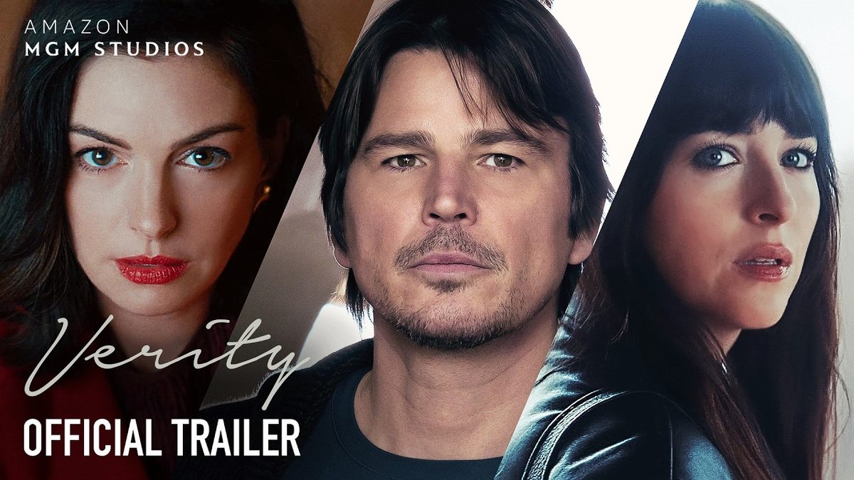 Anne Hathaway, Josh Hartnett and Dakota Johnson in the official trailer artwork for Verity (2026)